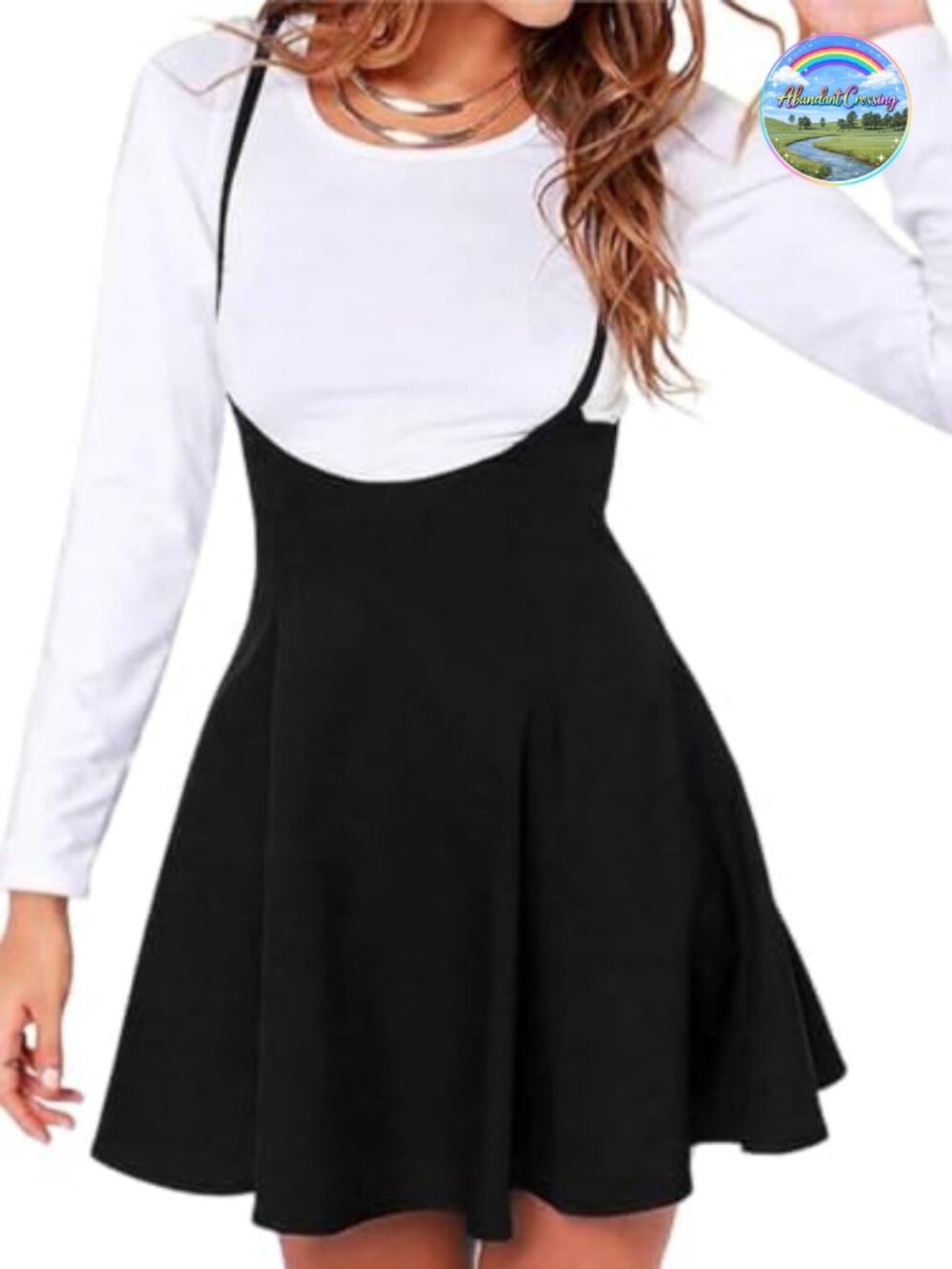 High Waist Suspender Skater Skirt Flared A-Line Pinafore Midi